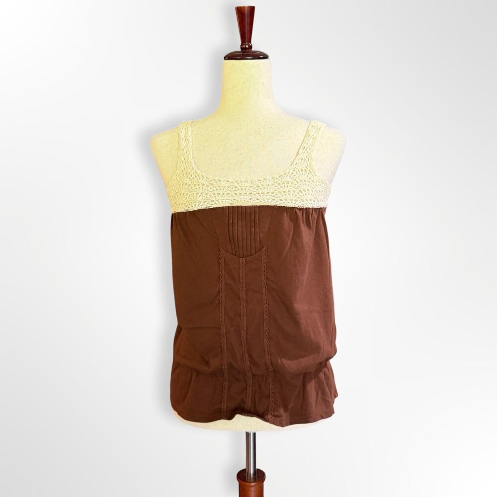 VTG Y2K Decree, Brown Crochet Pintucked Bubble Tank, S, Boho Fairy Grunge